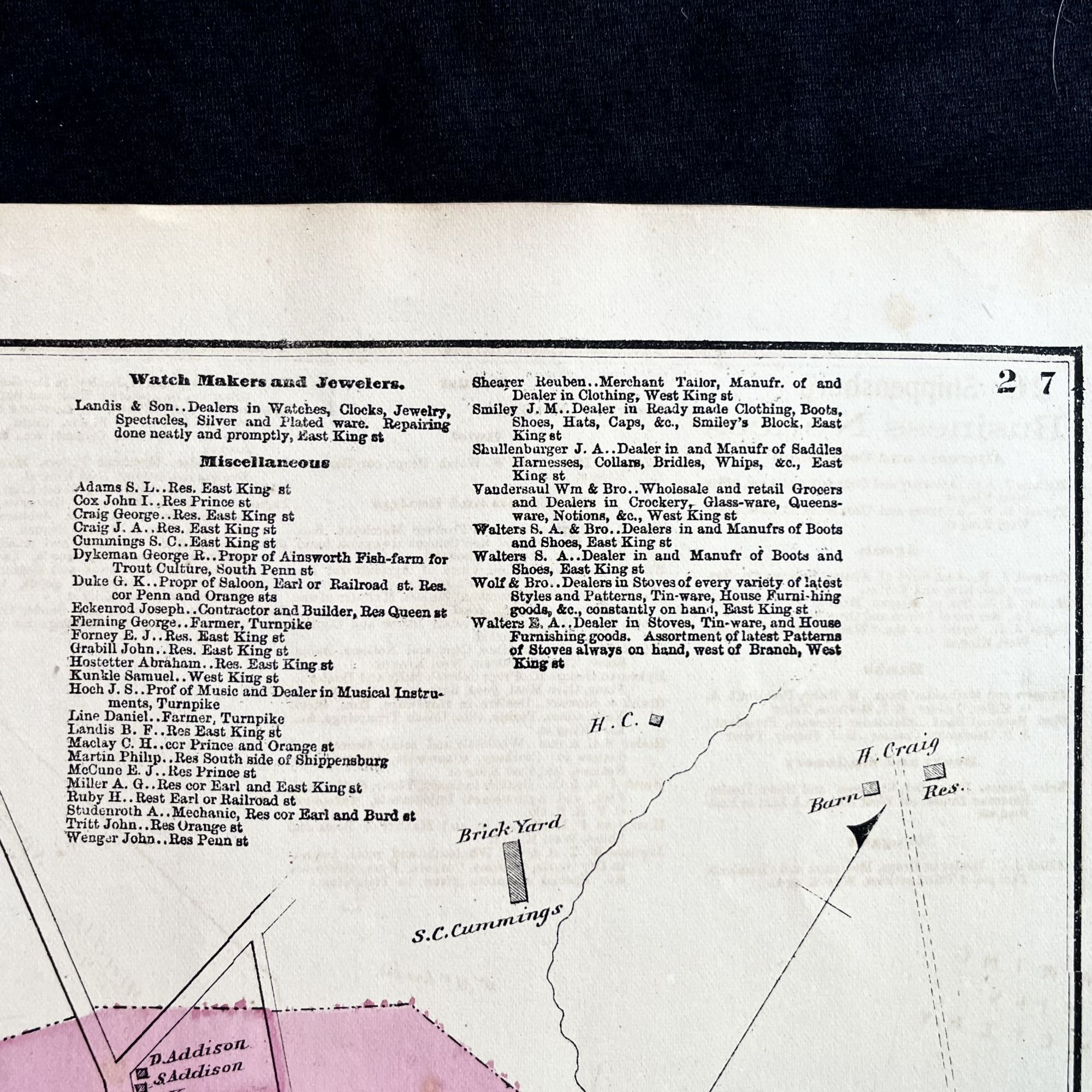 Rare 1872 HandColored Map of Shippensburg, Pennsylvania with Property