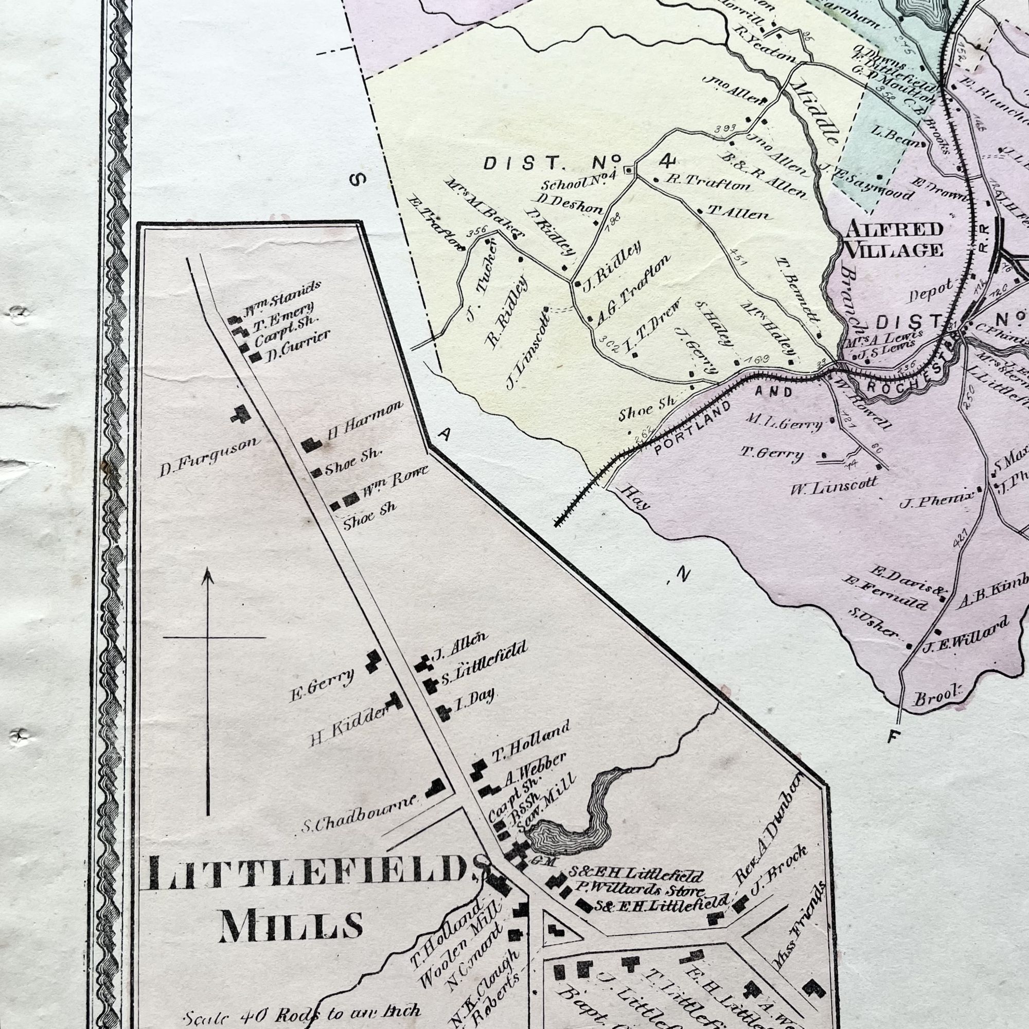 1872 Hand-Colored Street Map of Alfred, Maine with Littlefield's Mills ...