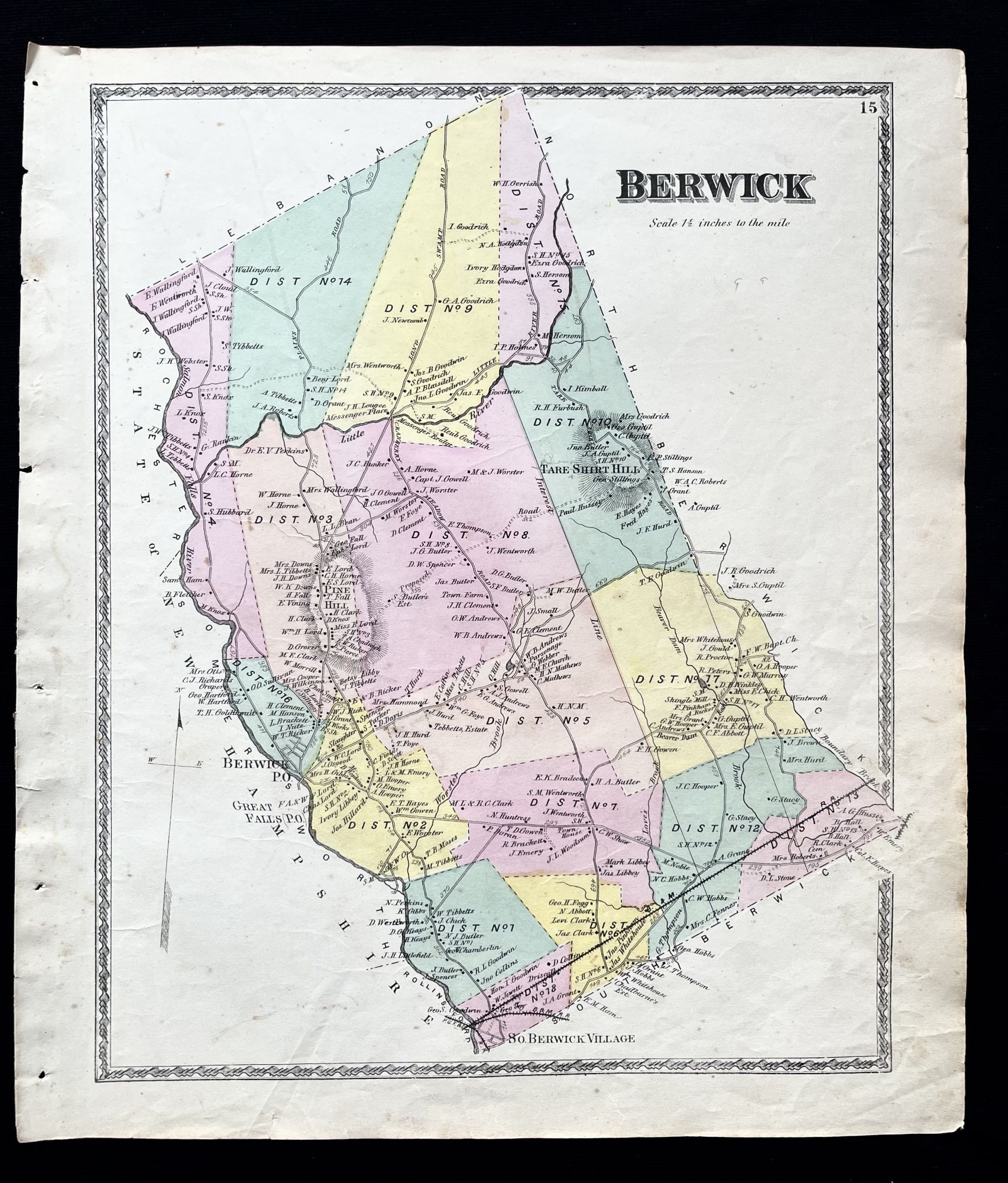 1872 Hand-Colored Street Map of Berwick, Maine with property owner ...
