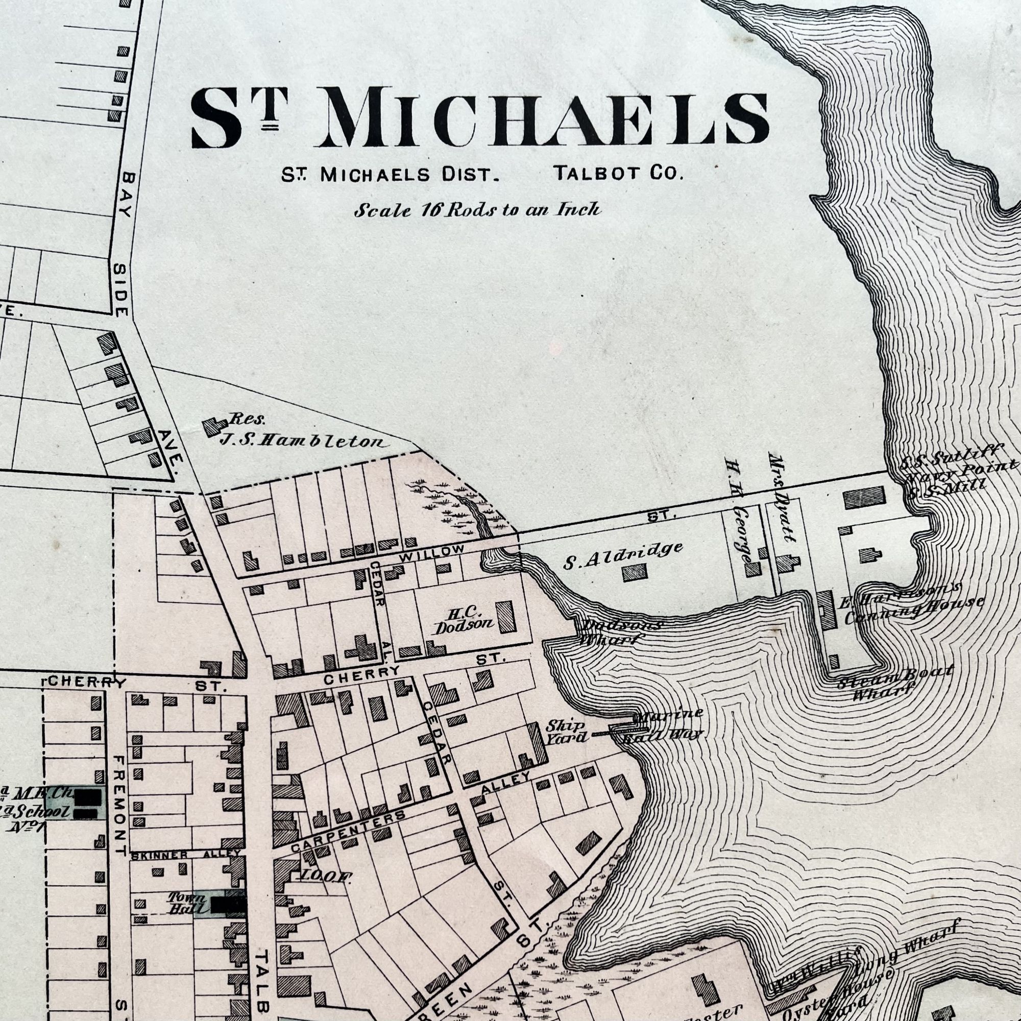 Rare 1877 Hand-Colored Street Map of St. Michaels, Talbot County